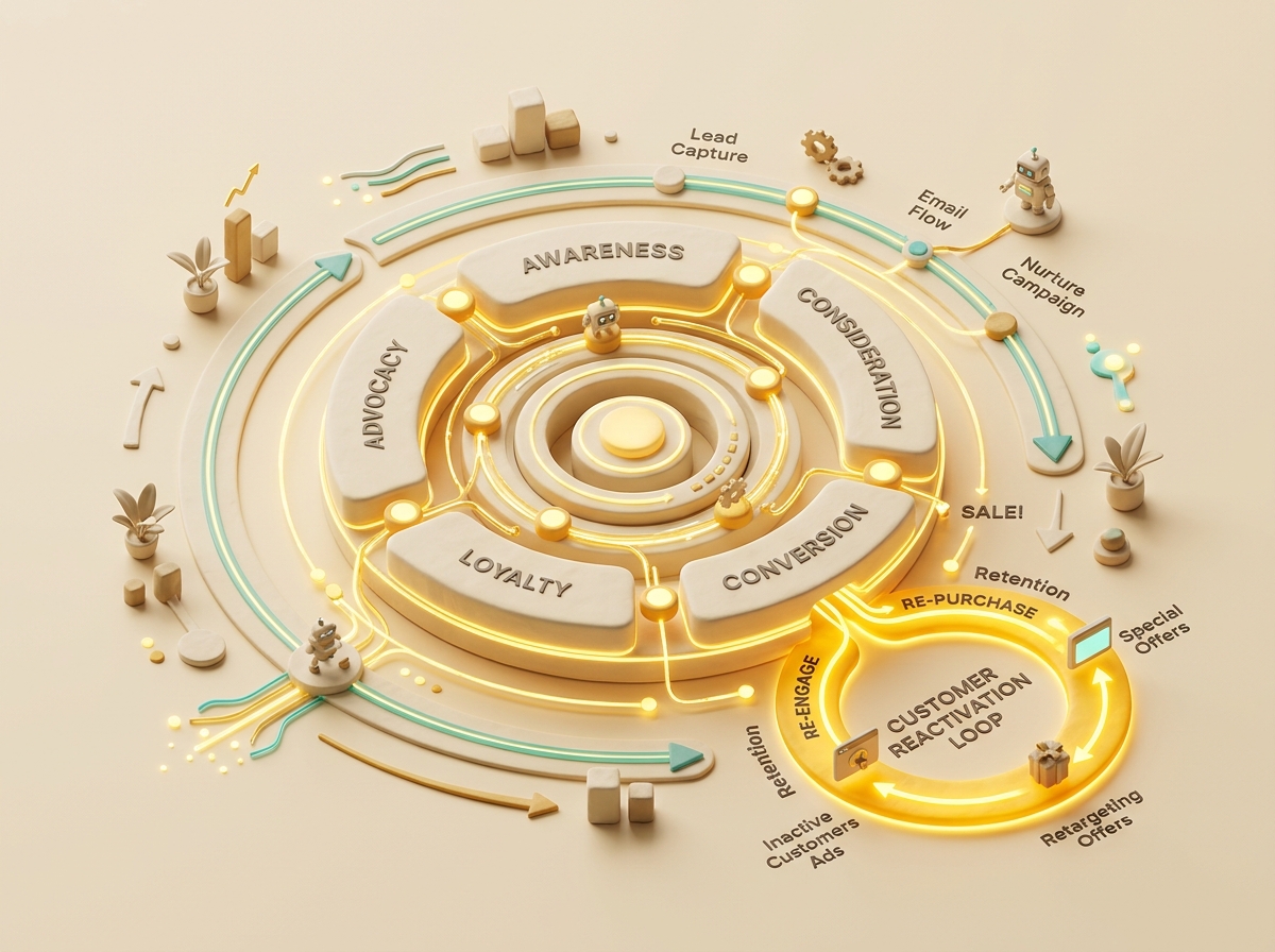 Isometric 3D flywheel showing integrated 6-stage growth loop